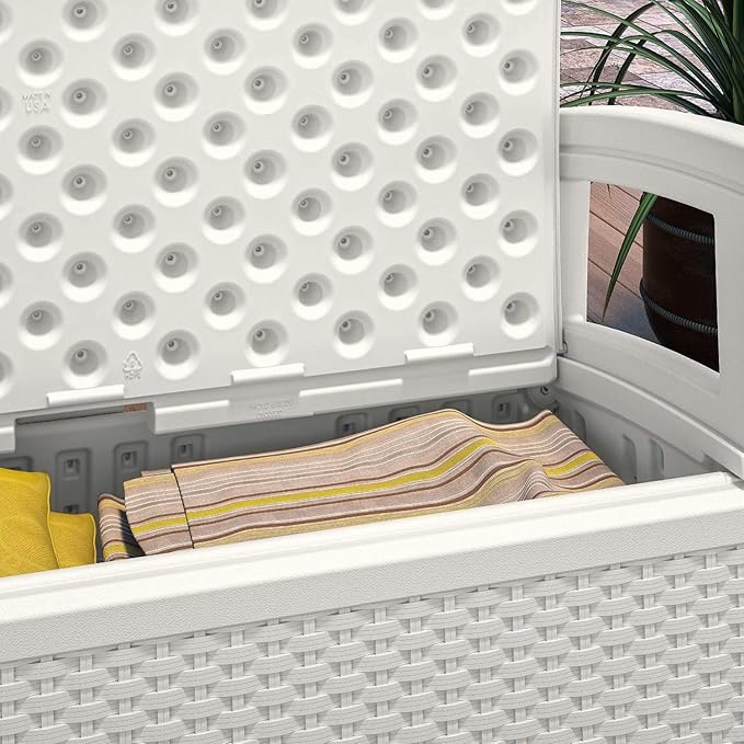 Suncast Elements Stylish Lightweight Loveseat Outdoor Seating with Convenient Built In Universal Storage, and All Weather Plastic, White