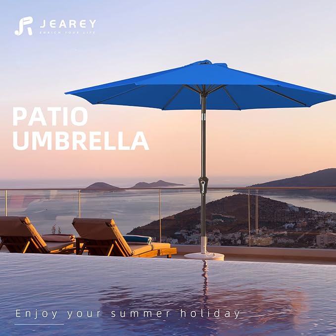 JEAREY 9FT Outdoor Patio Umbrella Outdoor Table Umbrella with Push Button Tilt and Crank, Market Umbrella 8 Sturdy Ribs UV Protection Waterproof for Garden, Deck, Backyard, Pool (Royal Blue)