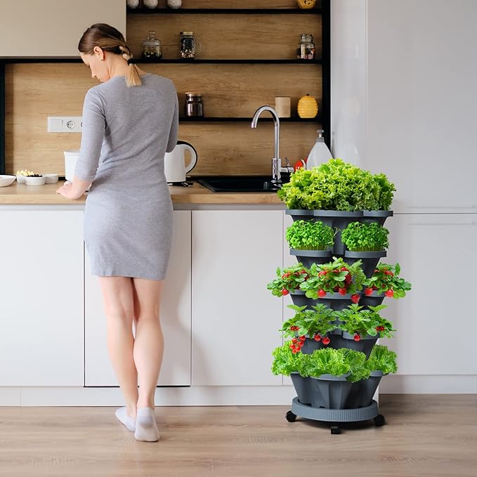 Strawberry Vertical Planters Tower Garden, 7 Tiered Stacking Herb Vegetable Planter with Support Pole Indoor and Outdoor - Dark Grey