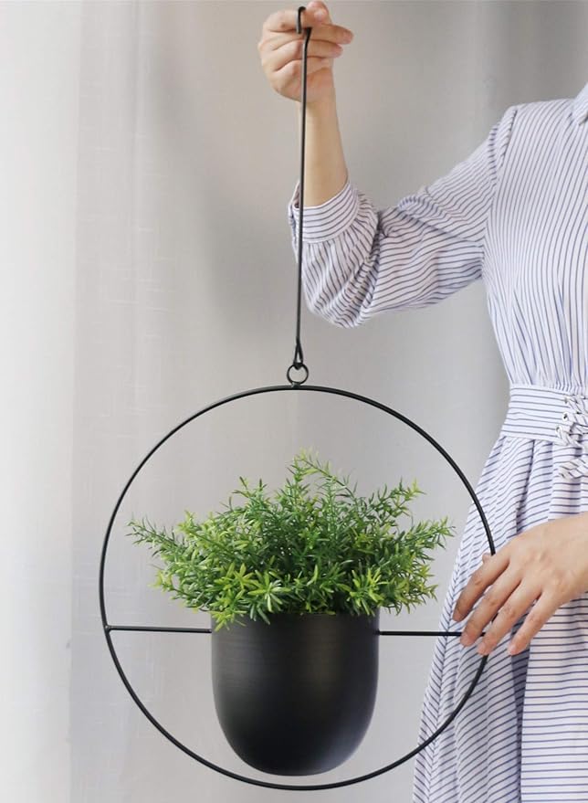 Hanging Planter for Indoor Outdoor Plants Metal Mid Century Minimalist Wall Ceiling Plant Hanger, Hanging Flower Pot Basket Holder for Home Office Décor(Black)