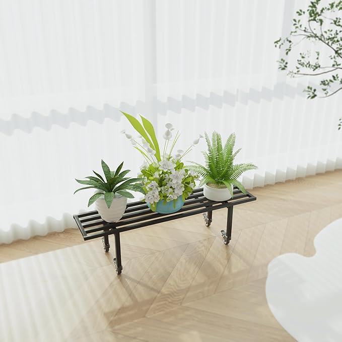 Zhongma One Tier Metal Plant Stand with Wheels,(35.43 L x 8.66 W x 10.3 H) Heavy Duty Plant Holder for Home, Window,Garden, Plant Lovers, Display Stand
