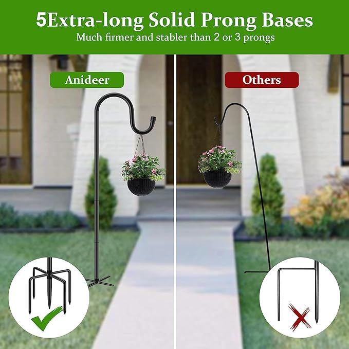 48" Shepherds Hooks for Outdoor, Heavy Duty Garden Bird Feeder Pole for Hanging Bird Feeder, Plant Baskets, Solar Light Lanterns, Outdoor Plant Hanger Hook with 5 Base Prongs,1 Packs