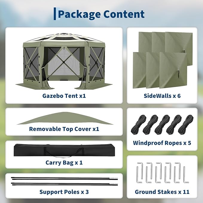11.5x11.5FT 6-Sided Pop Up Gazebo Tent,One-Push Setup Canopy Tent with Mesh Panels & Removable Wind Cloths, Outdoor shelter for Camping, Backyard Parties, Outdoor Events - Army Green