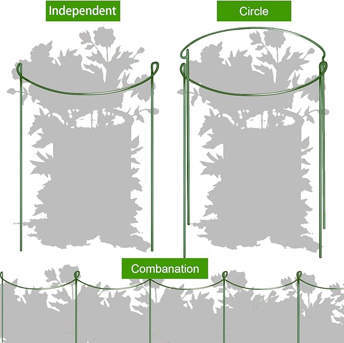 HiGift 16 Pack Plant Support Stakes, Half Round Metal Garden Plant Stake Indoor Peony Cages and Supports, Green Plant Support Ring Border for Tomato,Hydrangea,Flower Outdoor (10" Wide x 15.8" High)