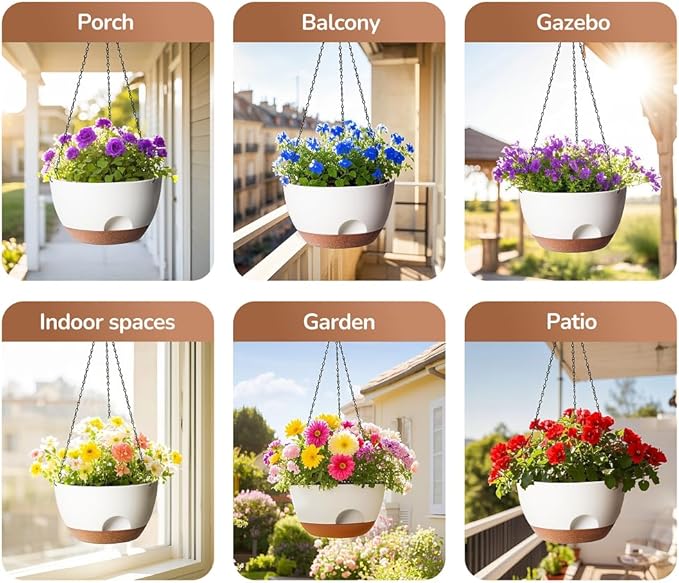 Hanging Planter for Indoor Plants, 10 Inch Self-Watering Hanging Planters with Drainage Holes and Chain, Set of 2 Outdoor Hanging Pots for Garden Home