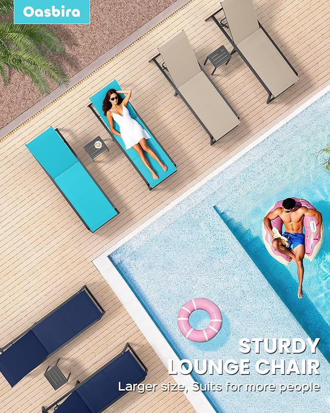 Aluminum Patio Chaise Lounge Set of 2 with 1 Side Table, Foldable Outdoor Pool Lounge Chairs 5-Position Recliner for Outside Poolside, Fully Grounded Legs Sun Lounger for Beach, Yard, Khaki