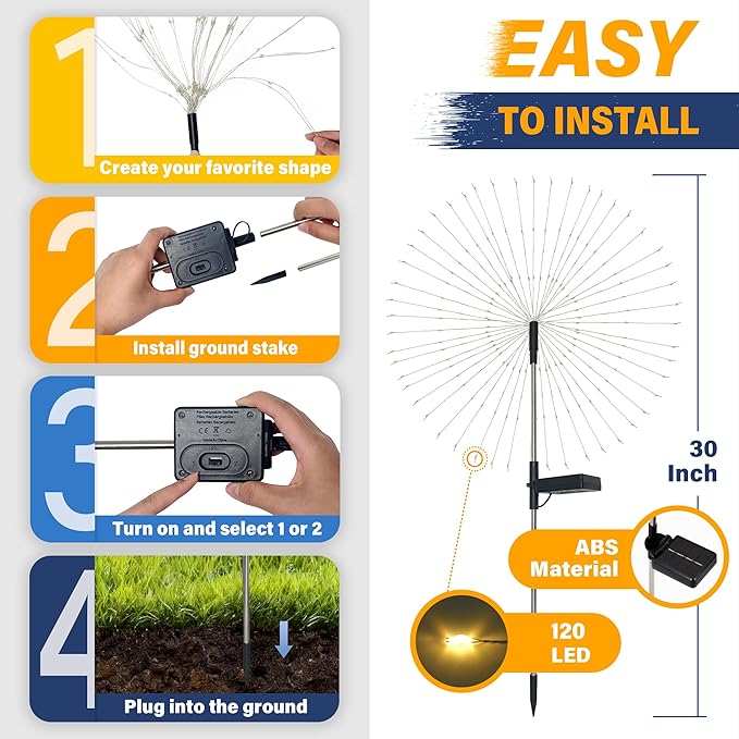 Solar Garden Lights Outdoor Decorative, 2pack 120 LED Firework Lights Waterproof,Solar Fairy Lights for Outside,Garden,Yard, Patio,Pathway,Flowerbed,Party(Warm White)