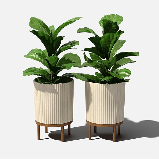 Veradek Demi Series Round Planter w/Stand for Porch/Patio | Durable Plastic-Stone Composite & Wooden Stand | Modern Décor for Tall Plants, Flowers