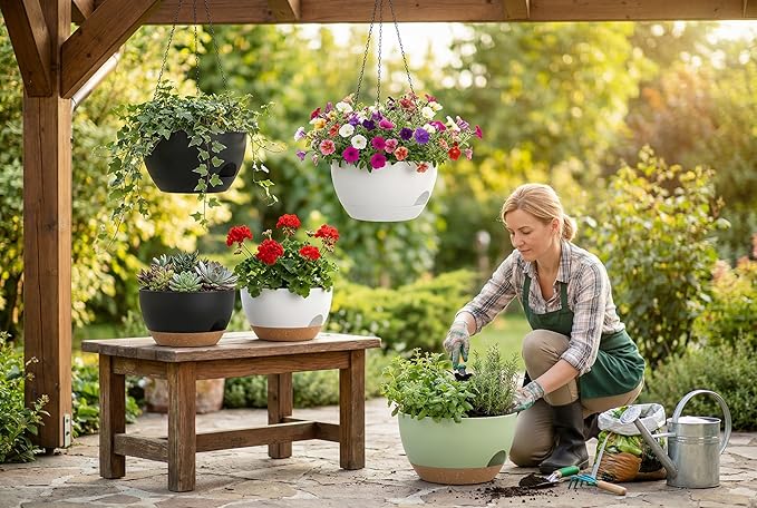 Hanging Planters 3-Pack, 8 Inch Self-Watering Hanging Pots with Drainage Hole and Chains, Plastic Planters for Indoor Outdoor(Green Brown)