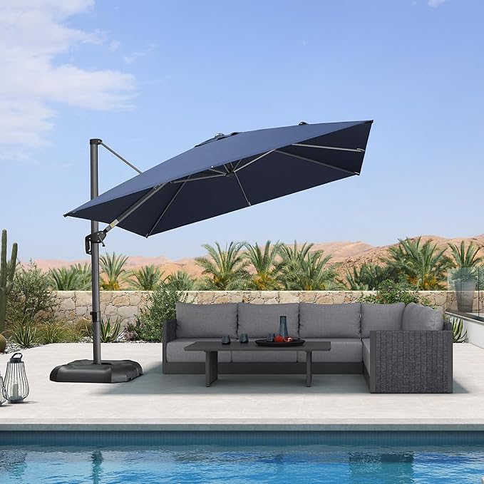 PURPLE LEAF 10 Feet Patio Umbrella Outdoor Cantilever Square Umbrella Aluminum Offset Umbrella with 360-degree Rotation for Garden Deck Pool Patio, Navy Blue