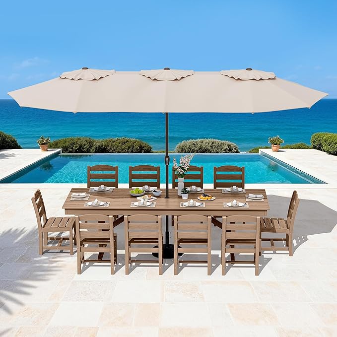 SERWALL 11 Piece Outdoor Dining Set, 84" HDPE Outdoor Large Dining Table and Chairs Set for 10,All Weather Patio Dining Furniture Set with Umbrella Hole for Backyard, Garden, Brown