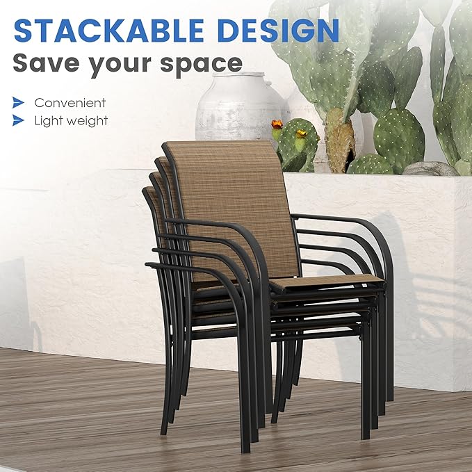 VICLLAX Patio Dining Set for 6, Outdoor Furniture Set Includes 59" Rectangle Patio Table and 6 Patio Sling Chairs, Outdoor Table and Chairs for Outsides, Black Tabletop and Brown Fabric