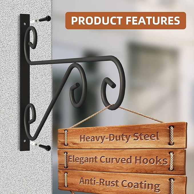 4 Pack 16 Inch Plant Hangers Outdoor Bracket, Indoor Wall Mount Metal Heavy Duty Rust-Resistant Bird Feeder Plant Hooks for Hanging Planters, Flower Baskets, Black
