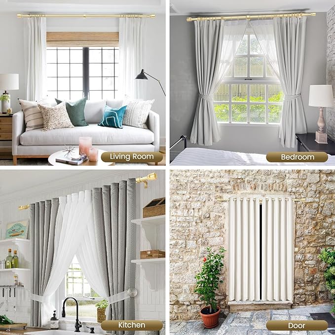 1” Diameter Gold Curtain Rod Itself is 30-90 Inch 2 Pack, Fit 30 to 84 Inch Windows with Heavy Duty Adjustable Telescopic Rod,Splicing Metal Extra Long Curtain Rod for Windows