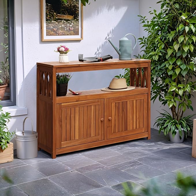 Flamaker Outdoor Storage Cabinet Weatherproof Acacia Wood Outdoor Cabinet with 2 Magnetic Doors Used for Outdoor Storage, Buffet Cabinet, TV Stand, Bar Table, Potting Table (Brown)