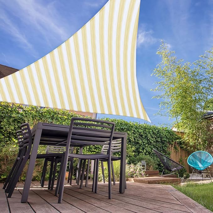E&K Sunrise 5' x 5' x 5' Sun Shade Sail Triangle Canopy Shade Cover UV Block for Patio Backyard Garden Outdoor (Beige White Strip)