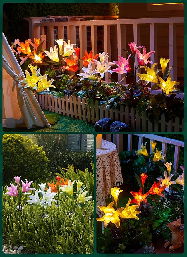 Brightown Solar Lights Outdoor, 4 Pack Solar Garden Lights with Larger & More Realistic Lily Flowers, Waterproof Outdoor Solar Lights for Yard Patio Lawn Pot Decoration