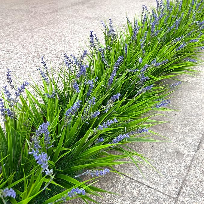 alyptus 12 Bundles Artificial Plants Outdoor Fake Monkey Grass with Flowers for Pot UV Resistant Plant Decor for Window Garden Patio Hanging Planter Pathway Front Porch (Grass with Flowers)