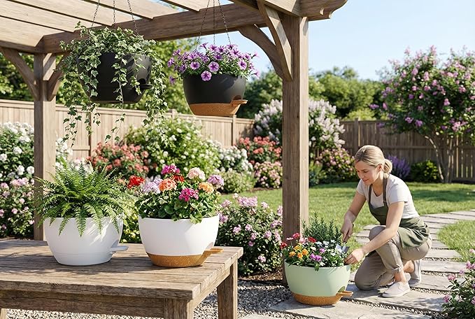 Hanging Planters, 3-Pack 10 Inch Self-Watering Pots with Drainage Holes and Chains, Matte Plastic Planters for Indoor/Outdoor Plant(Black Brown)
