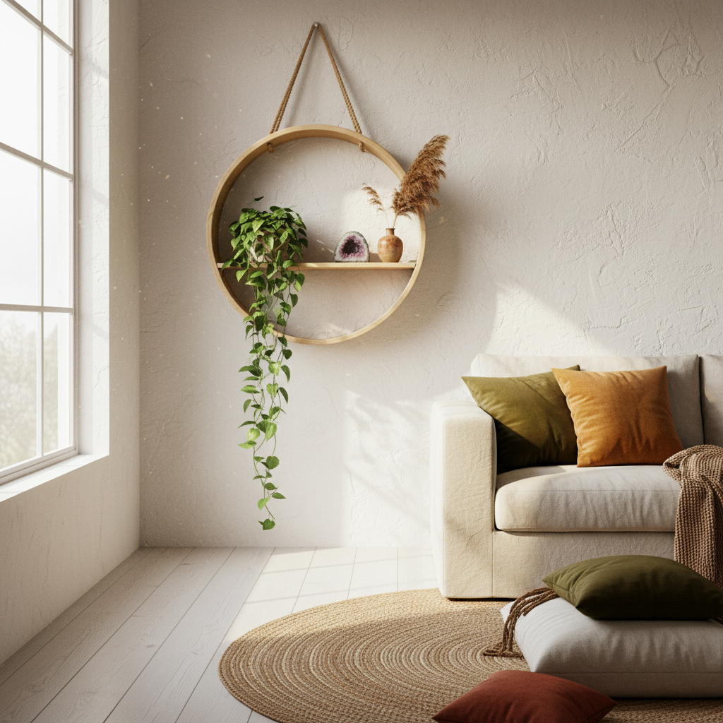 Savvy Plant Lovers Spend on Texture and Skip Trendy Clutter in Boho Hanging Shelf Planter Living Room Decor