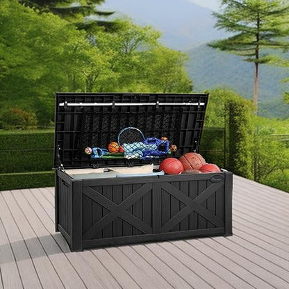 YITAHOME 150 Gallon Large Deck Box with X-Shaped Front, Resin Outdoor Storage Boxes, Waterproof Cushion Storage Bench for Patio, Pool Supplies, Garden Tools - Lockable, Black