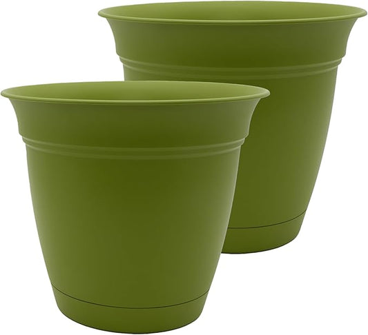 The HC Companies 16 Inch Eclipse Round Planter Pots with Drainage Holes & Attached Saucer, Lightweight UV-Resistant Plastic Indoor Outdoor Planters, 2-Pack Flower Pots for Garden & Home Decor, Peridot