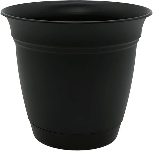 The HC Companies Eclipse Round Planter with Saucer - Outdoor & Indoor Plant Pot with Drainage Holes - Lightweight, UV-Resistant Plastic Pots for Plants, Flowers & Herbs (8" Black, Pack of 1)