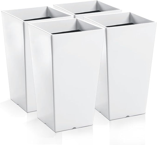 Hushee Set of 4 Tall Outdoor Planters 21 Inch Tall Tapered Square Planter with Drainage Hole Large Flower Tree Plant Pot Resin Flower Pots for Front Porch Door Garden Patio Indoor