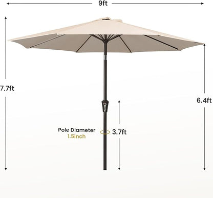 MEWAY 9ft Patio Umbrella Outdoor Table Umbrellas with Push Button Tilt and Crank, Market Umbrella 8 Sturdy Ribs for Deck, Garden, Pool and Backyard, Beige