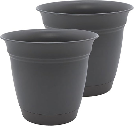 The HC Companies 16 Inch Eclipse Round Planter Pots with Drainage Holes & Attached Saucer, Lightweight UV-Resistant Plastic Indoor & Outdoor Planters, 2-Pack Flower Pots, Garden Home Decor, Warm Gray