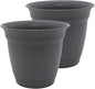 The HC Companies 16 Inch Eclipse Round Planter Pots with Drainage Holes & Attached Saucer, Lightweight UV-Resistant Plastic Indoor & Outdoor Planters, 2-Pack Flower Pots, Garden Home Decor, Warm Gray
