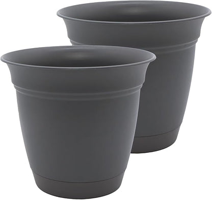 The HC Companies 12 Inch Eclipse Round Planter Pots with Drainage Holes & Attached Saucer, Lightweight UV-Resistant Plastic Indoor & Outdoor Planters, 2-Pack Flower Pots, Garden Home Decor, Warm Gray