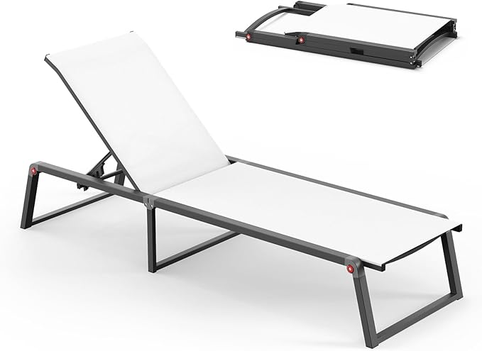Aluminum Chaise Lounge Chair Outdoor, Foldable & Assembly Free Patio Pool Lounge Chairs 5-Position Recliner for Outside Poolside, Fully Grounded Legs Sun Lounger for Beach, Yard, Bright White