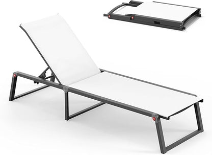 Aluminum Chaise Lounge Chair Outdoor, Foldable & Assembly Free Patio Pool Lounge Chairs 5-Position Recliner for Outside Poolside, Fully Grounded Legs Sun Lounger for Beach, Yard, Bright White