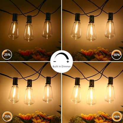 Brightever 3 Color in 1 LED Outdoor String Lights with Remote, 100FT Edison Hanging String Lights for Outside Dimmable, Outdoor Lighting for Patio Café Bistro with 52 ST38 LED Bulbs, 2700K/4000K/5000K
