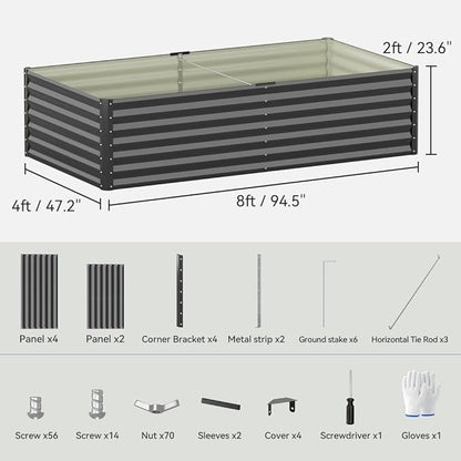 COMHOMA Galvanized Raised Garden Bed,Large Metal Planter Box for Outdoor Vegetables,Corrugated Steel Herbed Plants Container,Extra Deep Gardeners Kits with Open Bottom (1, 8x4x2FT)