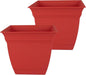 The HC Companies 10 Inch Eclipse Square Planter Pots with Drainage Holes & Attached Saucer, Lightweight UV-Resistant Plastic Indoor Outdoor Planters, 2-Pack Flower Pots for Garden & Home Decor, Red
