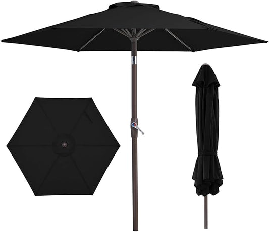 JEAREY 7.5FT Patio Umbrella Market Table Umbrella with 6 Sturdy Ribs, Push Button Tilt/Crank Outdoor Umbrella for Garden, Deck, Backyard, Pool, Black