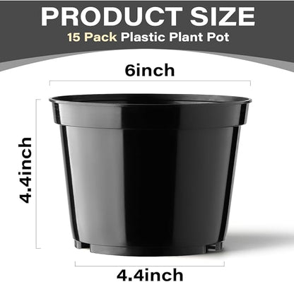 BTPLASTIK 15 Pack 6 Inch Plastic Plant Pots with Drainage Holes, Sturdy Nursery Pots for Plants, Thickened Flower Pots for Indoor Outdoor Planting Transplanting, Succulents, Seedlings, Black