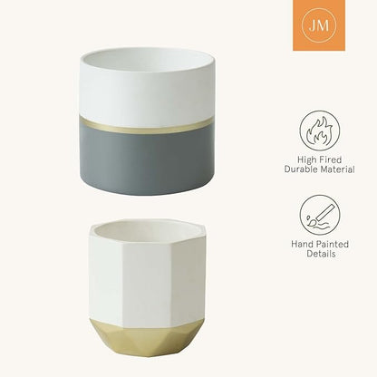 LA Jolie Muse White Ceramic Flower Pot Garden Planters 6.7 Inch Pack 2 Indoor Plant Containers with Gold and Grey Detailing