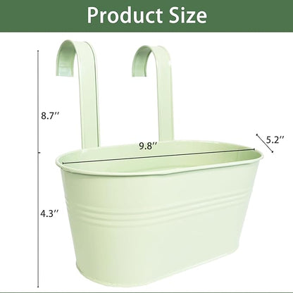 Balcony Hanging Planters Flower Pots, 10" Metal Flower Pots for Outdoor Balcony Rails, Fence Pot Hanging Plant Holders with Detachable Hooks for Garden Patio Yard Decor (Mint Green, 4Pcs)