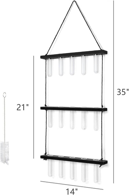 Mkono 3 Tiered Wall Hanging Plant Terrarium with Wooden Stand Mini Test Tube Flower Vase Glass Planter for Hydroponic Plant Cutting Home Garden Office Decor Gift