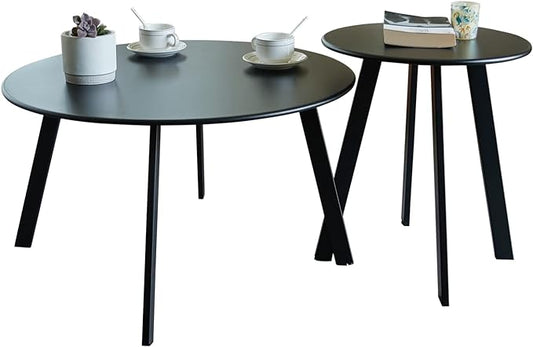 Outdoor Patio Coffee Table Set of 2, Weather Resistant End Table, Round Nesting Tables for Living Room Balcony Office,Black