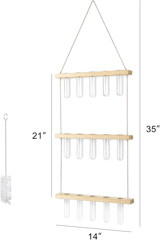 Mkono 3 Tiered Wall Hanging Plant Terrarium with Wooden Stand, Glass Planter for Hydroponic Plant Cutting, Home Garden Office Decor, Gift