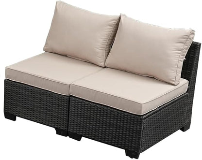 Jing's Villa 2 Piece Patio Wicker Armless Sofa, All-Weather Outdoor Sectional Sofa Set with Thick Seat Cushions and 2 Back Cushions for Garden Patio, Backyard, Poolside Beige