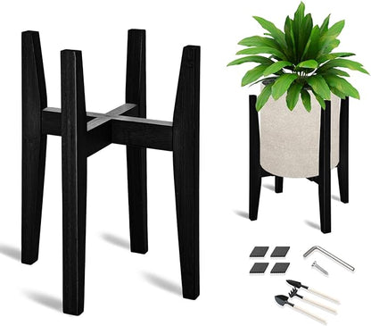 OERGKE Adjustable Plant Stand Indoor, Bamboo Mid Century Modern Plants Stands, Corner Flower Holder for Living Room, Fits 8 to 12 Inches Pots, (Pot & Plant Not Included)(Black, 1 Pack)