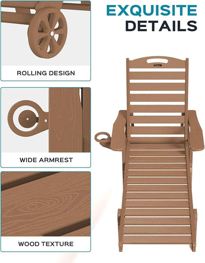 Ciokea Outdoor Lounge Chair Set of 4, All Weather Patio Chaise Lounge Chairs for Outside, HDPE Chair with Rolling Wheels & Cup Holder, 5 Position, Deck, Pool, Brown