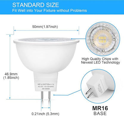 Mlambert 12 Pack MR16 LED Bulbs 50W Halogen Equivalent,5000K Daylight White,5W GU5.3 MR16 12V Spotlight Bulb,Non-Dimmable,45° Beam Angle for Landscape