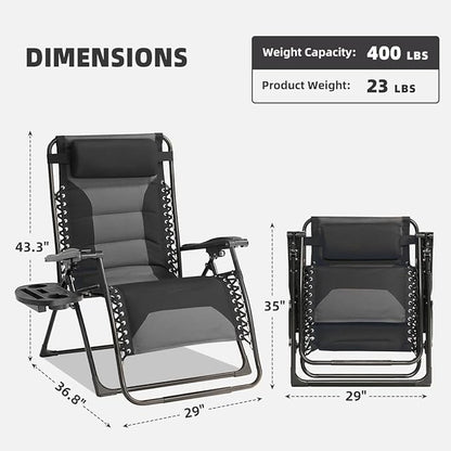 Zero Gravity Chair Set of 2 Oversized Padded Recliner with Adjustable Headrest & Cup Holder - 600D Oxford Folding Lounge Chair for Outdoor Camping, Patio, Poolside (Black & Gray)