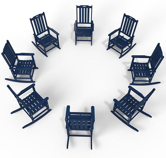 Oversized Rocking Chair Set of 8, Outdoor Rocking Chair for Adults, All Weather Resistant Porch Rocker for Lawn Garden, Navy Blue